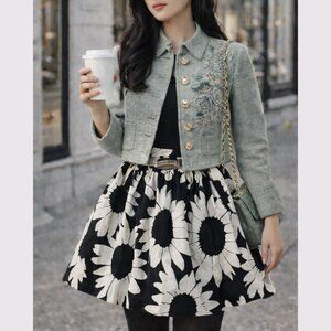 Alice + Olivia Tania Black Ivory Sunflower Full Skirt Size 0